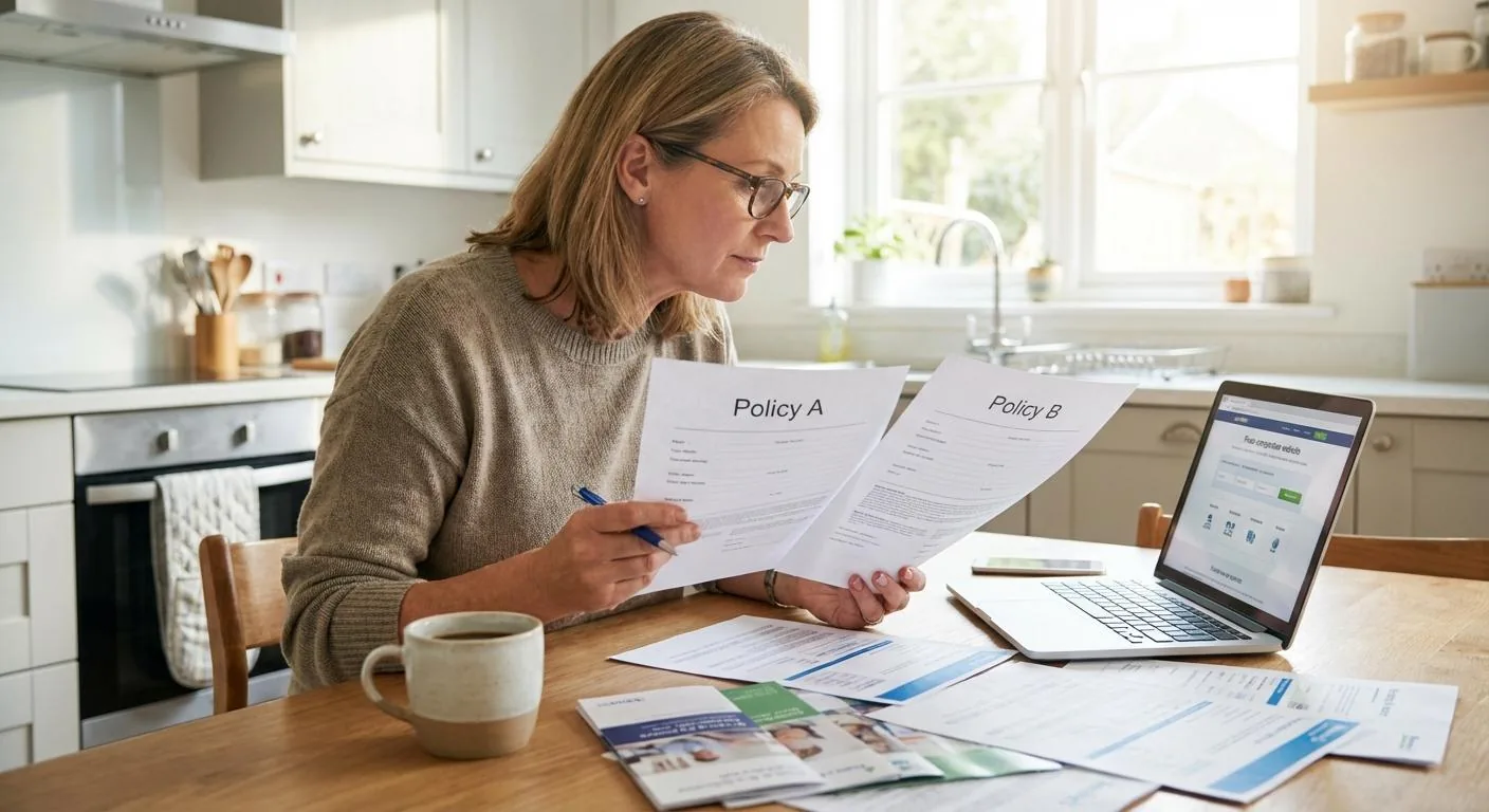 Person reviewing insurance documents and calculator